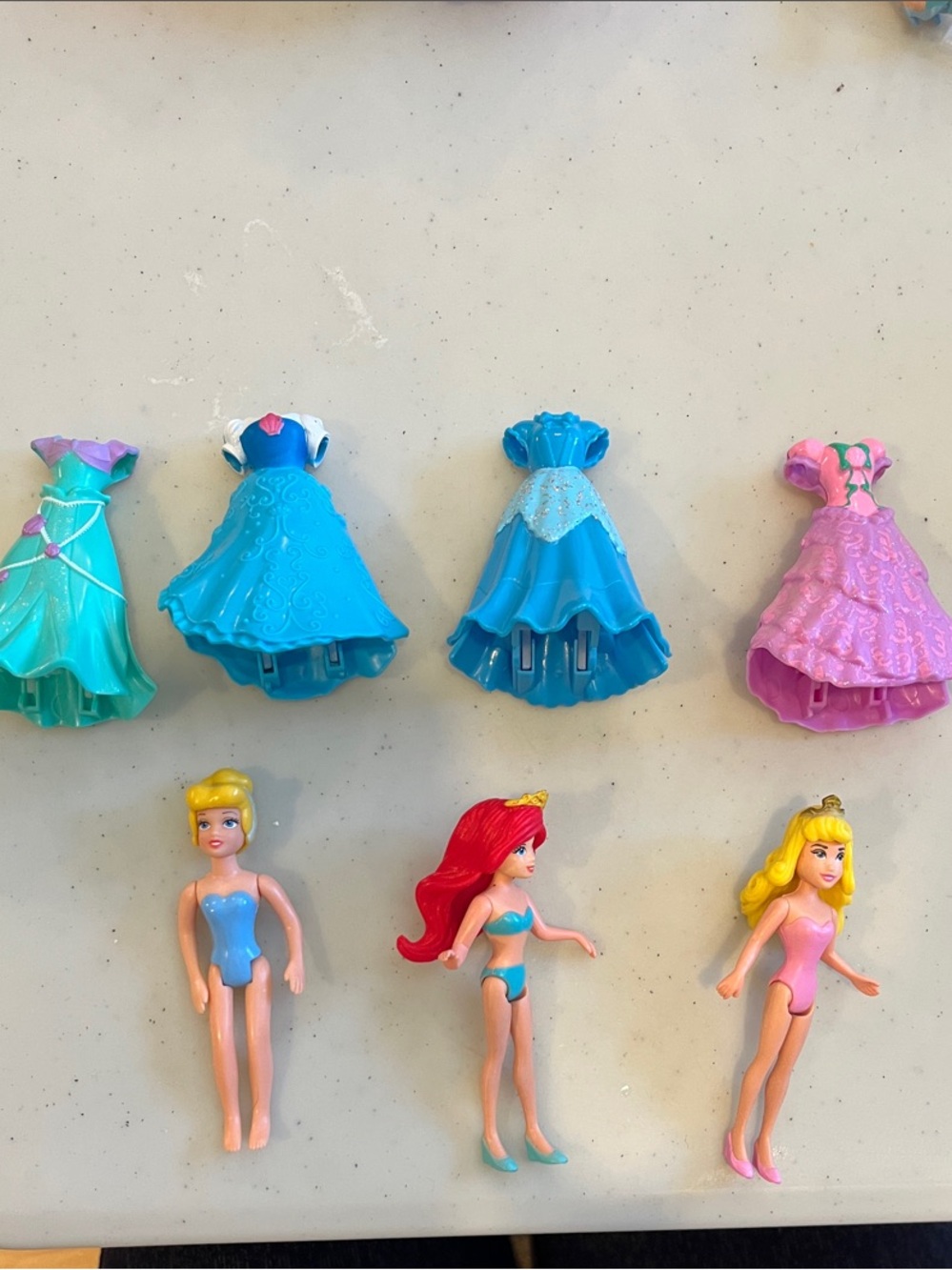 Disney Mini Princess Dolls with Blue, Teal and Pink Clip-On Gowns
